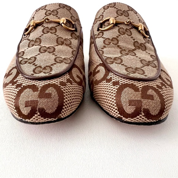 GUCCI | Princetown Horsebit GG Monogram Jumbo Logo Brown Beige Canvas Mules Flat - Picture 3 of 14